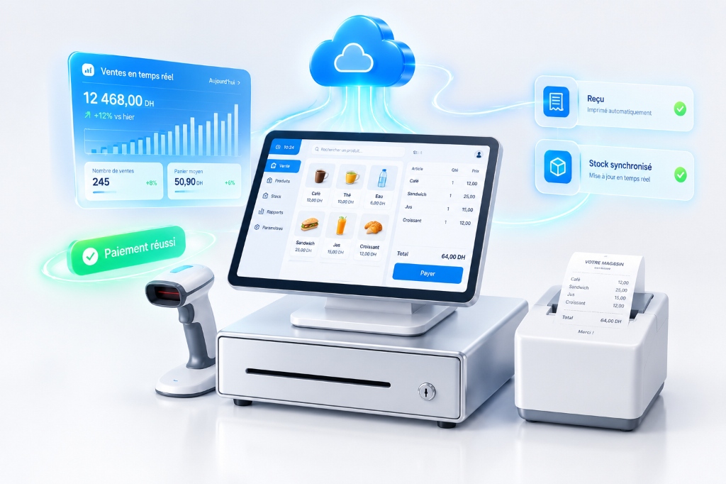 Terminal de caisse tactile moderne Dravon POS avec douchette et imprimante